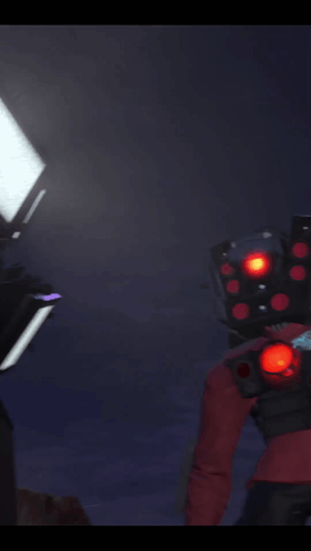 A Person With A Red Light On Their Back Is Standing Next To Another Person GIF