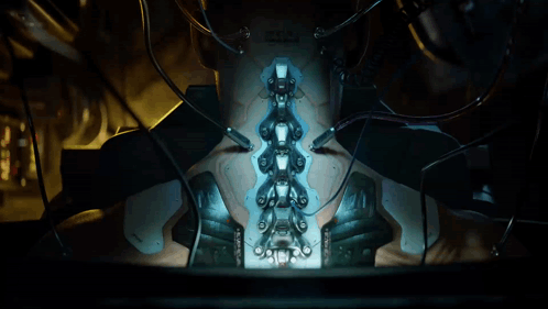 A Person With A Robotic Spine Has A Sticker On It That Says ' Eeeee ' GIF