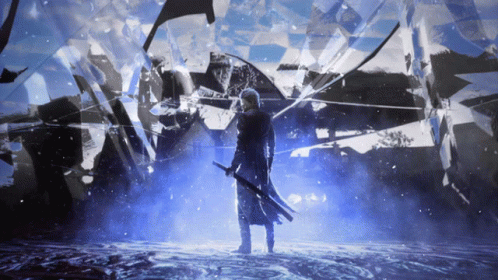 A Person With A Sword Standing In Front Of A Broken Glass Wall GIF