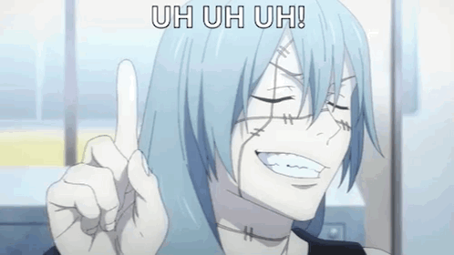 A Person With Blue Hair Is Pointing Up With Their Finger While Smiling . GIF