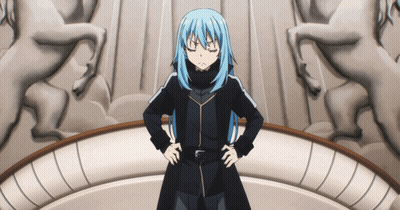 A Person With Blue Hair Is Standing With Their Hands On Their Hips In Front Of A Statue Of A Horse GIF