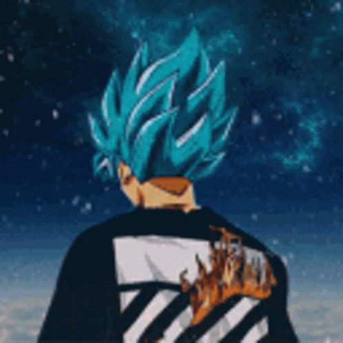 A Person With Blue Hair Is Wearing A Black And White Shirt With A Fire On The Back . GIF