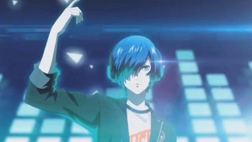 A Person With Blue Hair Is Wearing Headphones And A T-Shirt That Says Nm GIF