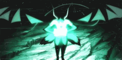 A Person With Horns And Wings Is Standing In The Dark With A Green Light Behind Them . GIF