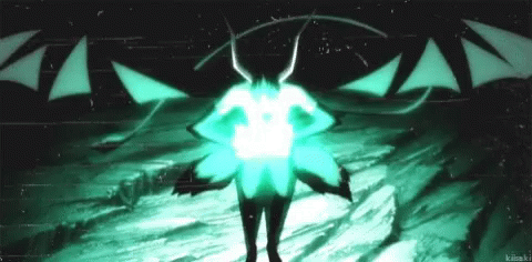 A Person With Horns And Wings Is Standing In The Dark With A Light Coming Out Of Their Chest . GIF