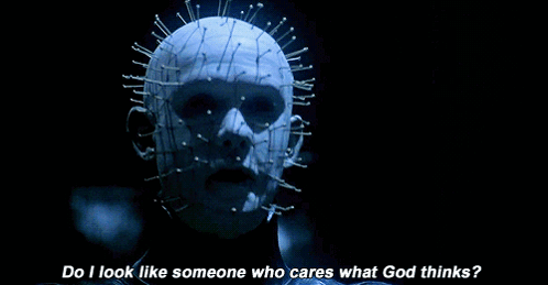 A Person With Pins In Their Head Says Do I Look Like Someone Who Cares What God Thinks .. GIF