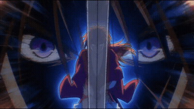 A Person With Purple Eyes Is Holding A Sword In A Dark Room GIF