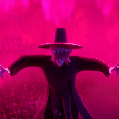 A Person With Purple Hair And A Black Hat Is Standing In Front Of A Pink Background GIF