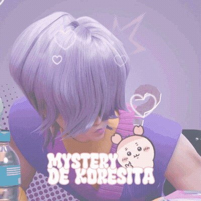 A Person With Purple Hair And The Words " Mystery De Koresita " GIF
