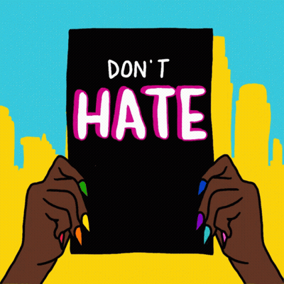 A Person With Rainbow Nails Is Holding A Sign That Says " Don 'T Hate " GIF