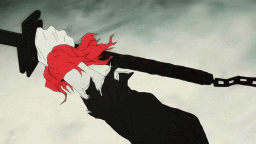A Person With Red Hair Is Holding A Sword With A Chain Attached To It GIF
