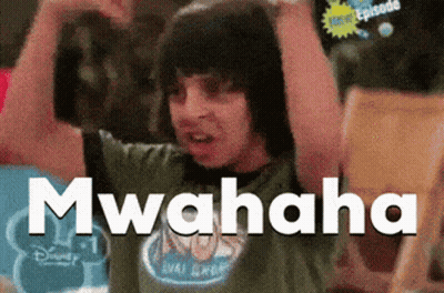 A Person With Their Arms In The Air And The Word Mwahaha Written On The Bottom GIF