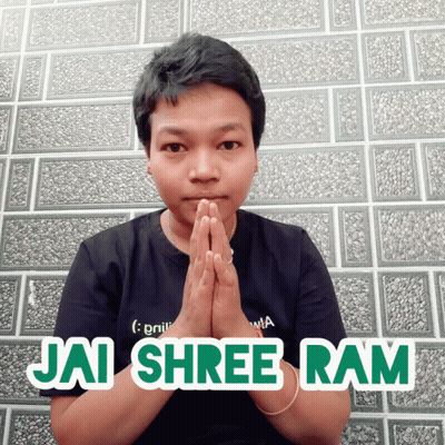 A Person With Their Hands Folded And The Words Jai Shree Ram Behind Them GIF