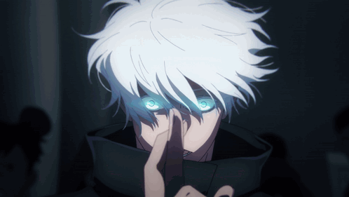 A Person With White Hair And Blue Eyes Is Covering Their Mouth With Their Finger GIF