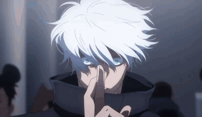 A Person With White Hair And Blue Eyes Is Holding Their Finger To Their Nose . GIF