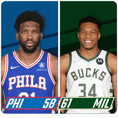 A Philadelphia Basketball Player And A Bucks Basketball Player Are Standing Next To Each Other GIF