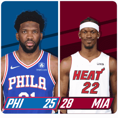 A Philadelphia Basketball Player And A Heat Basketball Player Are Standing Next To Each Other GIF
