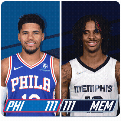 A Philadelphia Basketball Player And A Memphis Basketball Player Standing Next To Each Other GIF