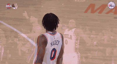 A Philadelphia Basketball Player Wearing Number 0 Celebrates GIF