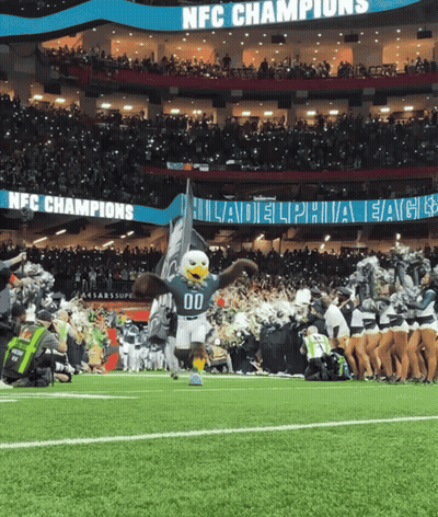 A Philadelphia Eagles Mascot Holds A Flag On A Football Field GIF