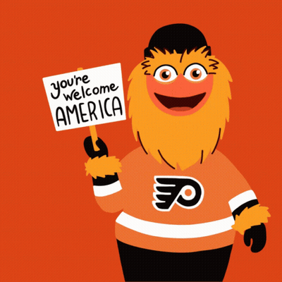 A Philadelphia Flyers Mascot Holds A Sign That Says You 'Re Welcome America GIF