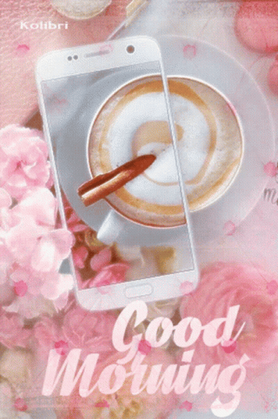 A Phone With A Picture Of A Cup Of Coffee And The Words Good Morning On It GIF