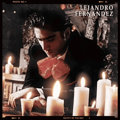 A Photo Of A Man Surrounded By Candles With The Name Leandro Fernandez On The Bottom GIF