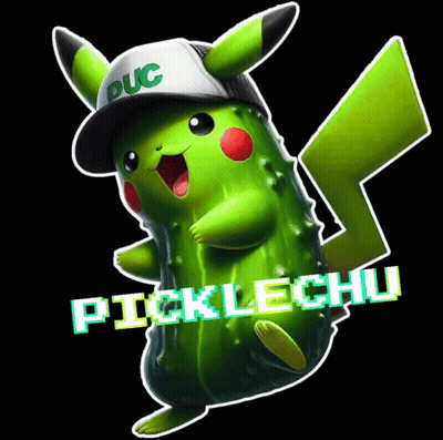 A Pickle Shaped Pikachu Wearing A Hat That Says Duc GIF