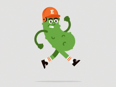 A Pickle Wearing An Orange Hat With The Letter E On It Is Running GIF