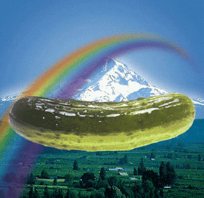 A Pickle With A Mountain And Rainbow In The Background GIF