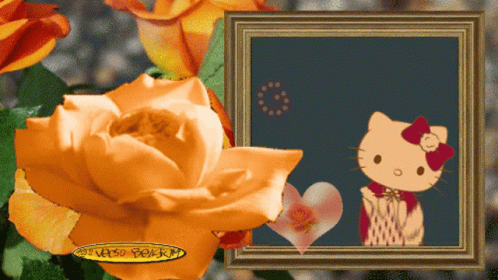 A Picture Frame With A Hello Kitty And A Rose GIF