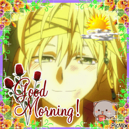 A Picture Of A Anime Character With The Words Good Morning Written On The Bottom GIF