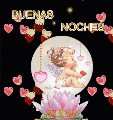 A Picture Of A Baby Angel Surrounded By Hearts And The Words Buenas Noches GIF