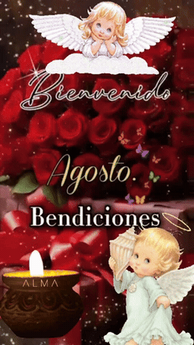 A Picture Of A Baby Angel With The Words Bienvenido Agosto Bendiciones On It GIF