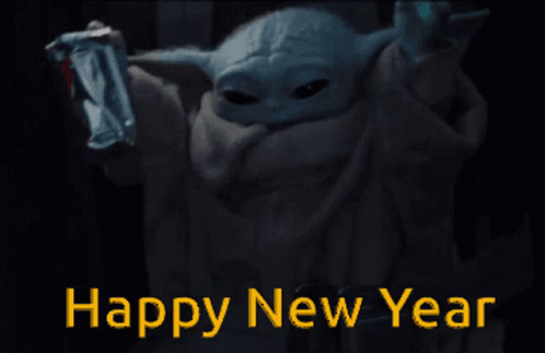 A Picture Of A Baby Yoda With The Words Happy New Year Written Below It GIF