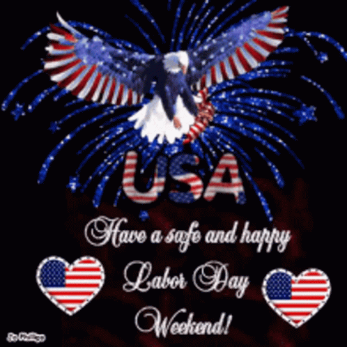 A Picture Of A Bald Eagle With Fireworks Behind It And The Words " Have A Safe And Happy Labor Day Weekend " GIF