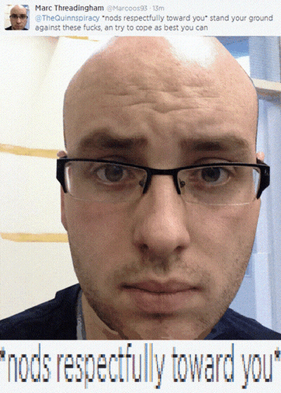 A Picture Of A Bald Man With Glasses And The Words " Nods Respectfully Toward You " On The Bottom GIF