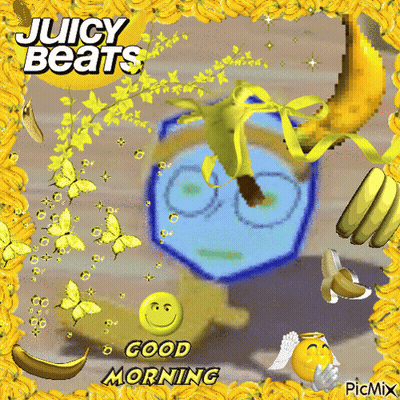 A Picture Of A Banana With The Words Juicy Beats Good Morning Written On It GIF
