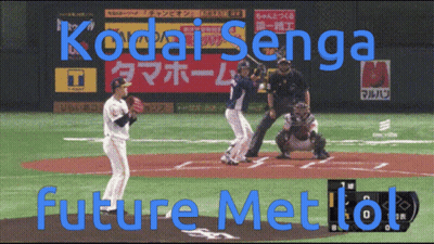 A Picture Of A Baseball Game With The Words Kodai Senga Future Met Lot GIF