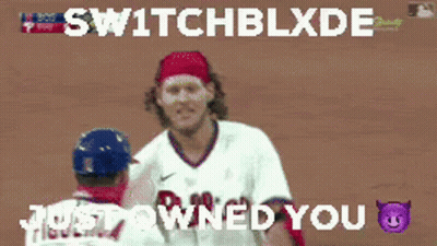 A Picture Of A Baseball Player With The Words Switchblade Just Owned You Above Him GIF
