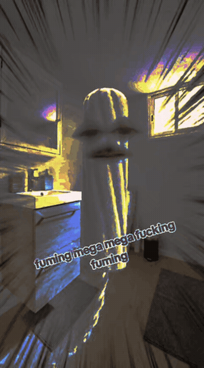 A Picture Of A Bathroom With The Words Fuming Mega Mega Fucking Fuming On The Bottom GIF