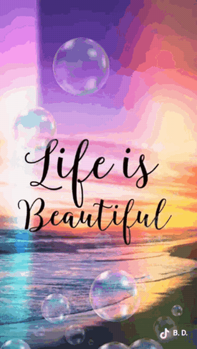 A Picture Of A Beach With Bubbles And The Words `` Life Is Beautiful '' . GIF