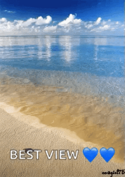 A Picture Of A Beach With The Words `` Best View '' And Two Blue Hearts . GIF