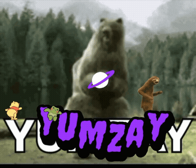 A Picture Of A Bear Holding A Planet With The Word Yumzay In The Corner GIF