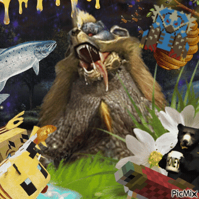 A Picture Of A Bear Surrounded By Fish And Flowers Has The Word Picmix On The Bottom GIF