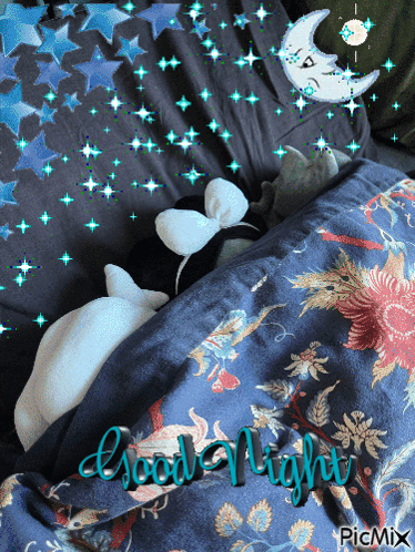 A Picture Of A Bed With The Words " Good Night " On It GIF