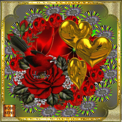A Picture Of A Bird Surrounded By Red Roses And Gold Hearts With The Caption Bobe Kepi GIF
