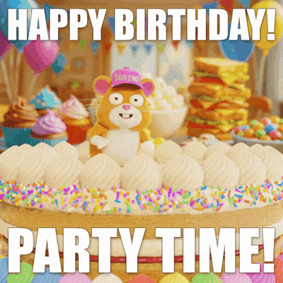A Picture Of A Birthday Cake With The Words Happy Birthday Party Time Written Below It GIF