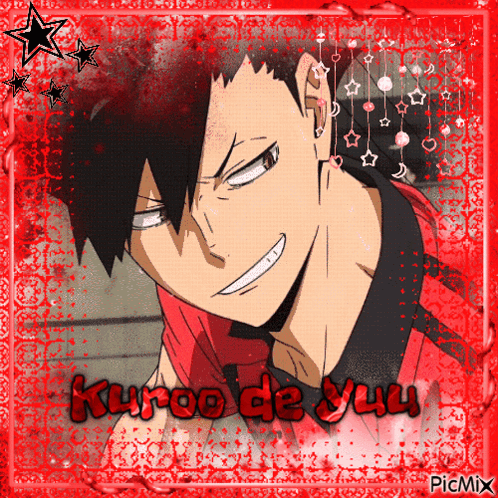 A Picture Of A Black Haired Anime Character With The Name Kuroo De Yuu On It GIF