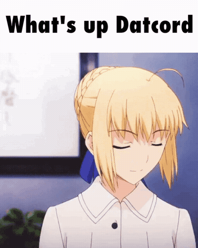 A Picture Of A Blonde Anime Girl With The Words What 'S Up Datcord Written Above Her GIF